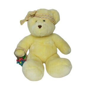 Teddy Bear Plush 18" Cream Holding Flower Basket Wearing a Patterned Headband